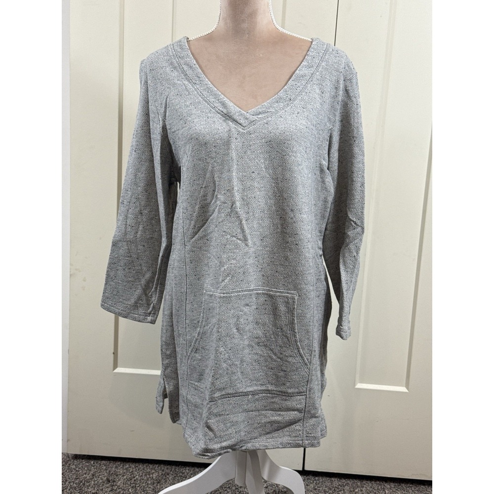Liz Claiborne Weekend Women's XL Long Gray V-Neck Tunic Sweater Kanga Pocket‎
